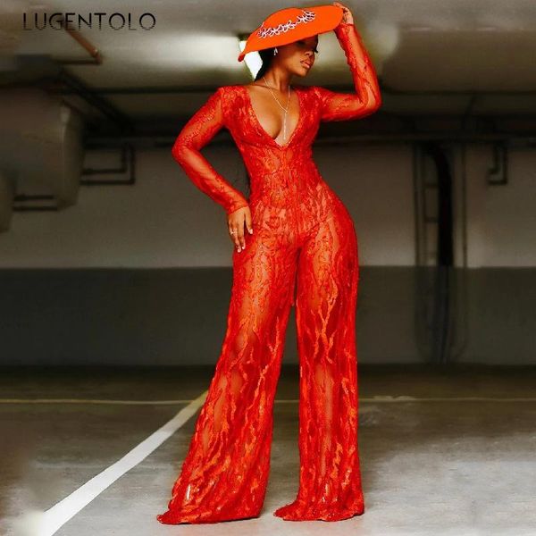 

women's jumpsuits & rompers lugentolo elegant jumpsuit sequin red long sleeve deep v-neck perspective straight, Black;white