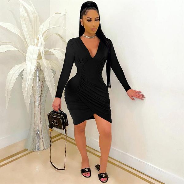 

casual dresses women pure solid full sleeve wrap fashion deep v neck bodycon bandage dress office lady party clubwear skinny vestidos, Black;gray
