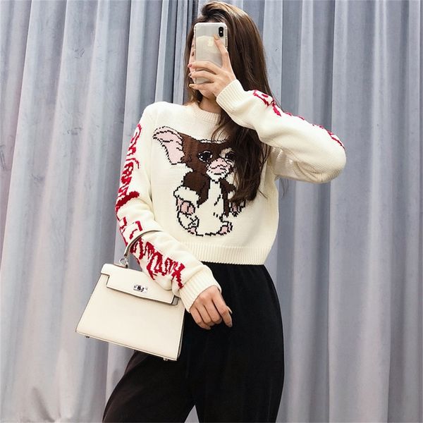 

2021 winter boutique letter cartoon printing fashion short knitted sweater lazy wind small tall thinli, White;black