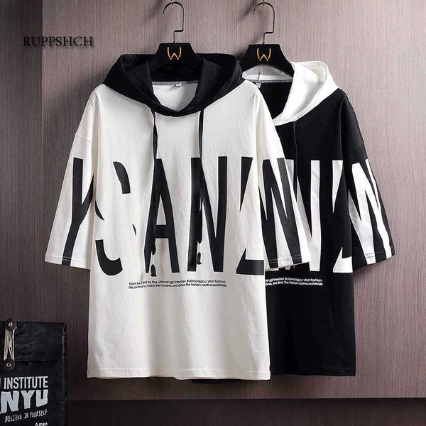 

hooded t-shirt men five-point sleeve short-sleeved summer loose letter trend japanese 210629, White;black