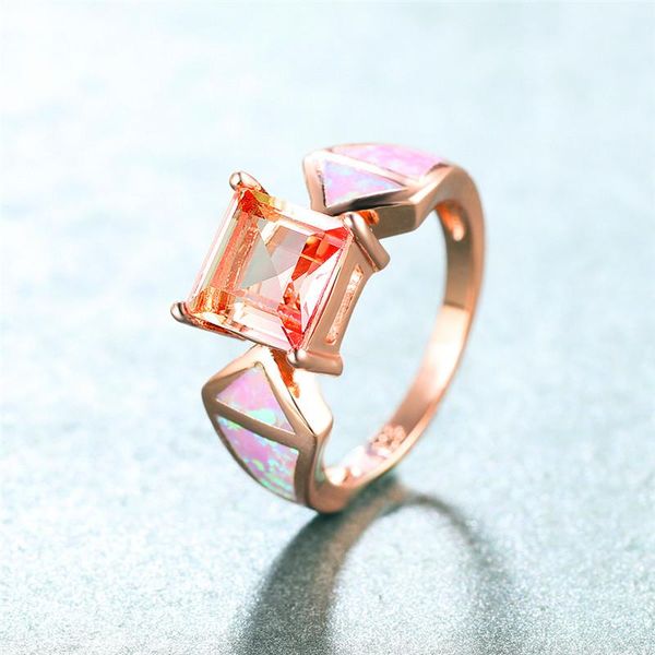 

wedding rings elegant female square crystal rainbow stone ring charm pink opal engagement vintage rose gold color for women, Slivery;golden