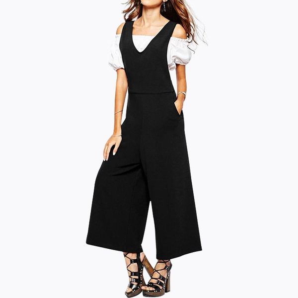 

women's jumpsuits & rompers 2021 autumn concise deep v-neck double pocket high lumbar wide leg self-cultivation siamese pants, Black;white