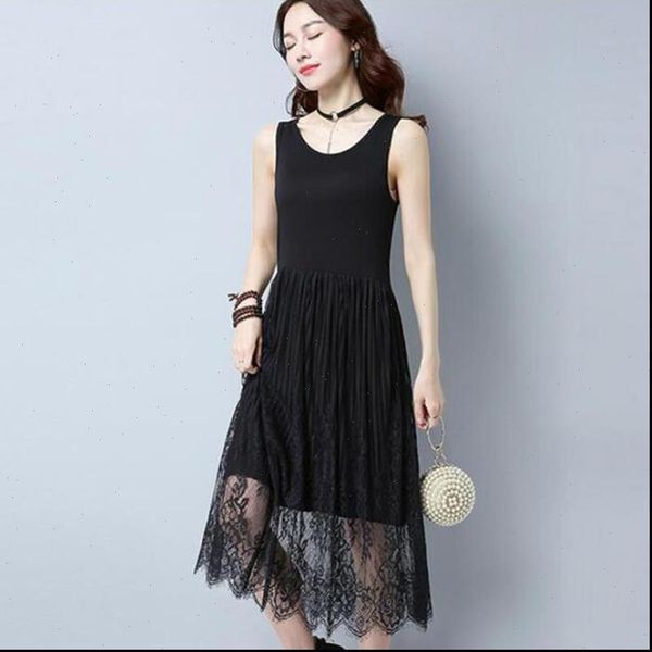 

new summer dress 2021 women sleeveless loose party dress elegant lace tank strap patchwork mesh plus size dresses vestidos, Black;gray