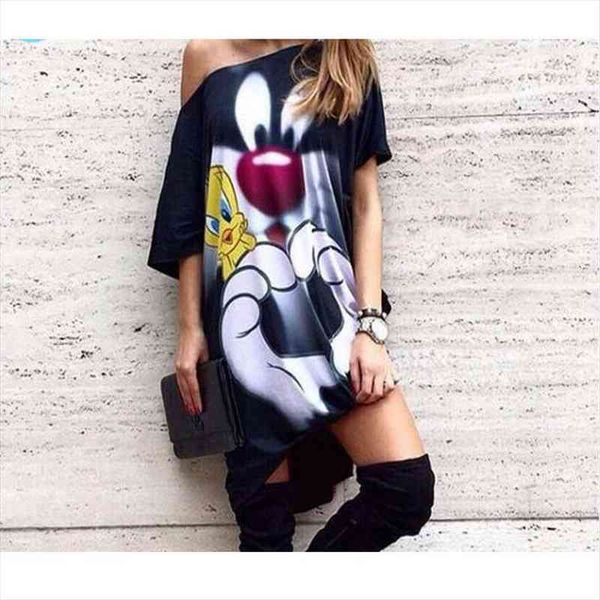

cartoon casual one shoulder mini womens dress short sleeve sundress summer lady streetwear vestidos s xl, Black;gray