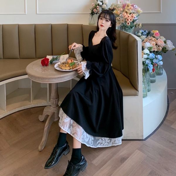 

womens long skirt 2021 new autumn and winter retro palace french hepburn style dress lace long skirt, Black;gray