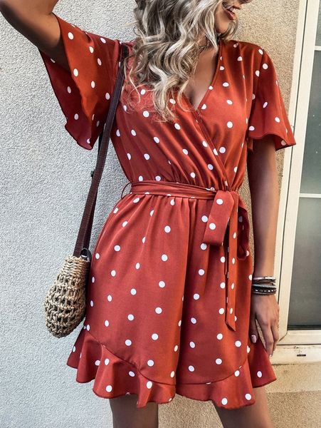 

polka dot flutter sleeve overlap collar ruffle hem belted romper s15i#, White