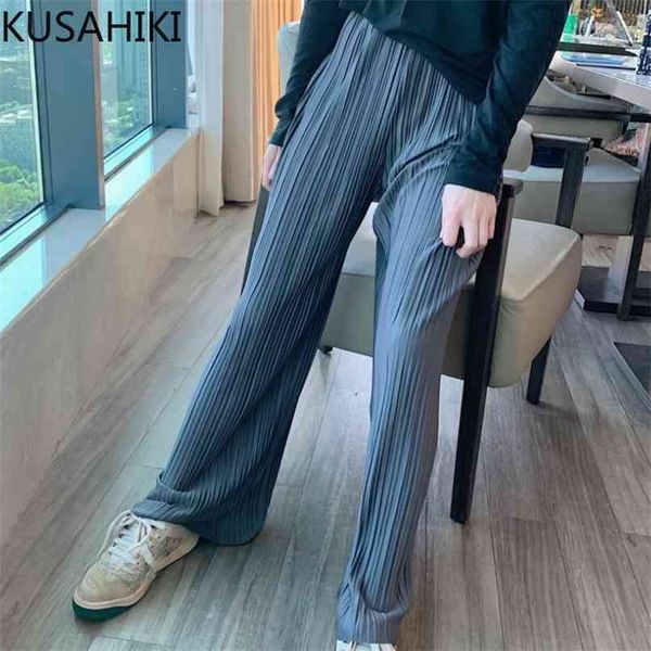 

korean pleated chiffon woman pants summer long trousers causal stretch high waist wide leg mujer 6h664 210603, Black;white