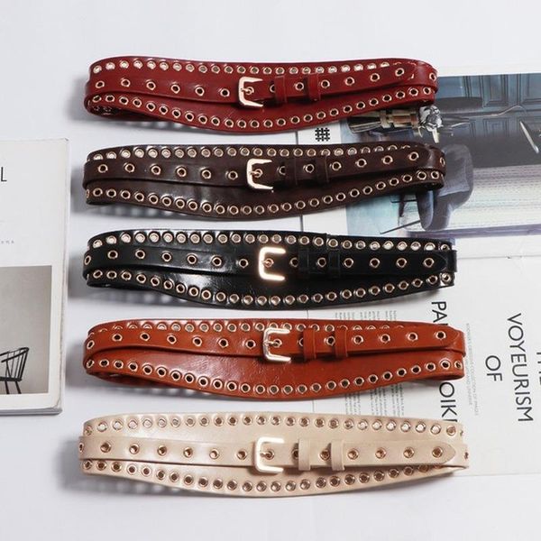 

belts 2 layers grommet belt for women dress waist embellishment funky metal gold buckle stylish trendy, Black;brown