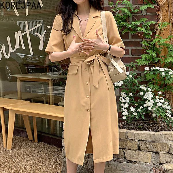 

korejpaa women dress summer korean chic ladies french retro suit collar double-pocket single-breasted lace-up waist vestido 210526, Black;gray