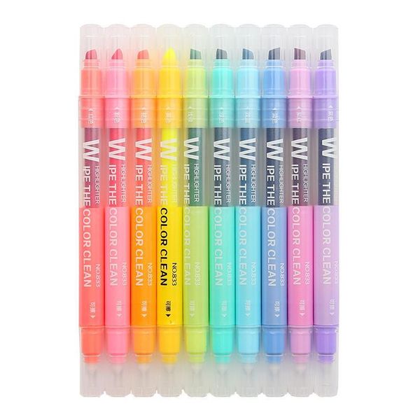 

10pcs/set double head erasable highlighter pen markers chisel tip marker fluorescent school writing highlighters co qylcng