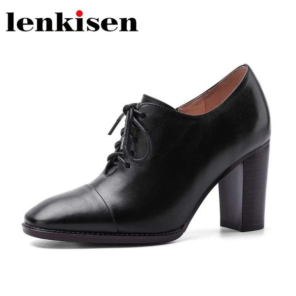 

dress shoes lenkisen 2021 sheep leather bowtie brown fashion lady party handmade square toe super high heels metal lace up noble pumps l61, Black