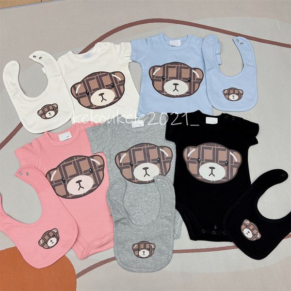 

newborn baby girl boy rompers clothes set infant kids cute cartoon letterf print short sleeve onesie bodysuit+bibs, Blue