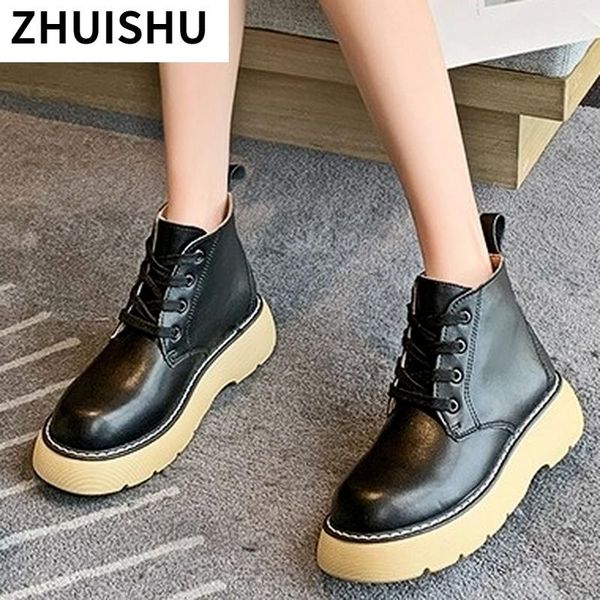 

boots platform lace-up pu leather women's ankle 2021autumn high-casual round head square heel short, Black