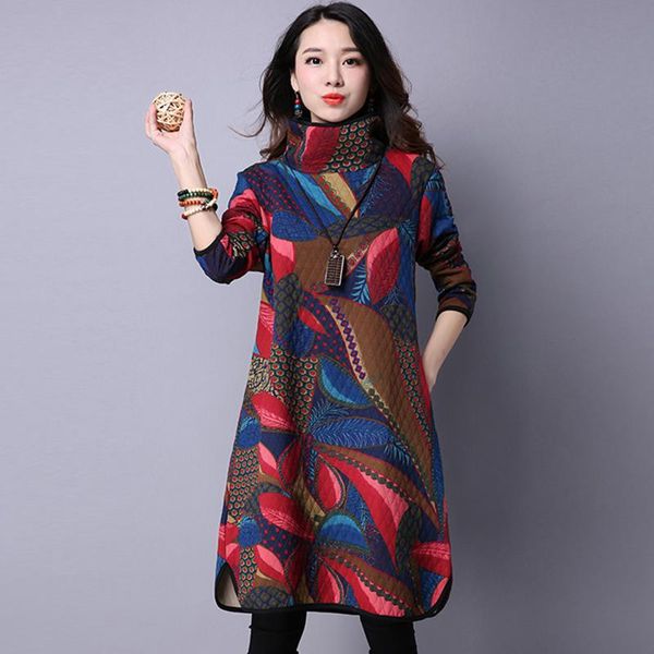

casual dresses dress 2021 autumn winter turtleneck loose large size female cotton linen thicker warm women printing qh1288, Black;gray
