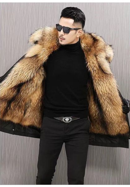 

Men's Winter Parka thick cotton men Big Fake fur raccoon Hooded coat to keep warm for Ru F93M, Black