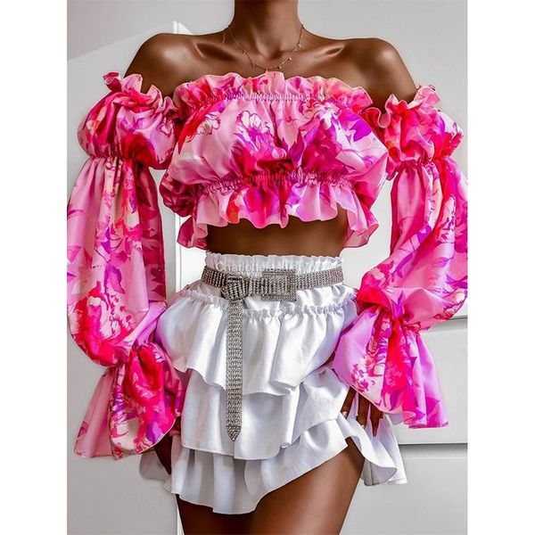 

women's blouses & shirts autumn women slash neck elegant print long sleeve pullover lady blusa 2021 chic fashion puff super short, White