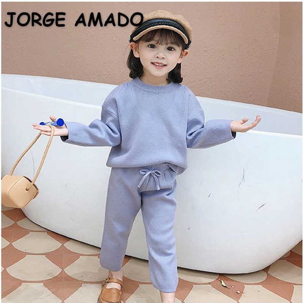 

spring korean style baby girl 2-pcs sets sweater solid color long sleeves elastic waist pants kids clothes e2082 210610, White