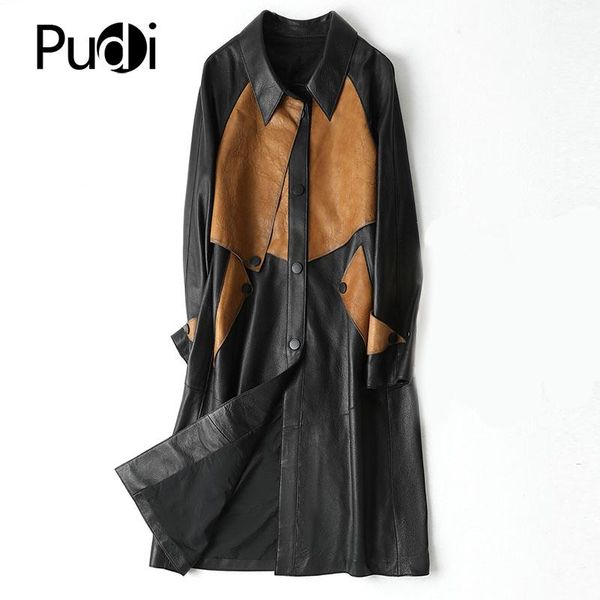 

women's leather & faux pudi women genuine jacket girl female real sheepskin long coat trench overcoats a20005, Black