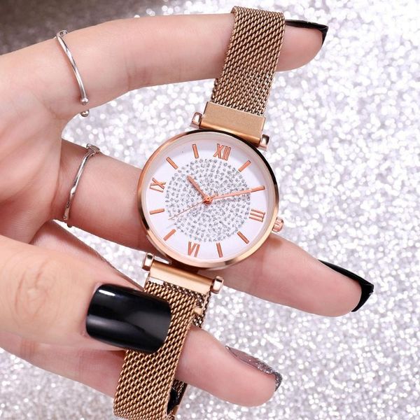 

wristwatches 2021 luxury star watches ladies magnet buckle roman literal starry simple trend watch women stainless steel, Slivery;brown