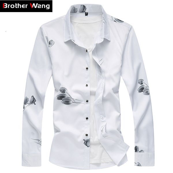 

2021 3 colors autumn new men's casual floral print white long sleeve shirt male brand clothes plus size 5xl 6xl 7xl 1bkd, White;black