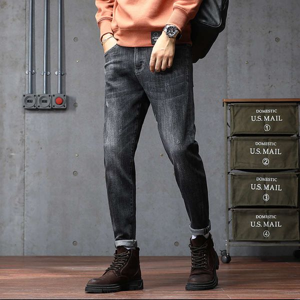 

ins autumn jeans slim korean fashion brand black elastic versatile straight leg long pants men's, Blue