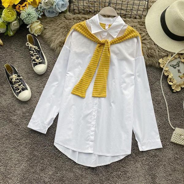 

spring women white shirts long sleeve solid shawl fake two-piece blouse loose casual office ladies work wear blouses women's &