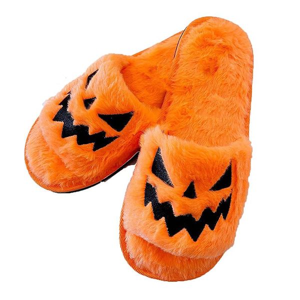 

slippers pink halloween jack o lantern pumpkin soft plush cozy open toe women indoor or outdoor fuzzy gifts for ladies, Black