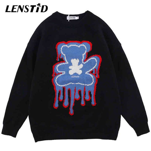 

lenstid men knitted jumper sweaters hip hop funny bear print streetwear harajuku 2021 autumn fashion casual knitwear pullovers, Black