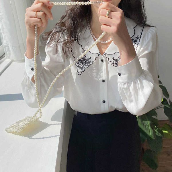

sweet embroidery mesh peter pan collar blouses for women spring elegant long sleeve shirts fashion all-match female 210525, White