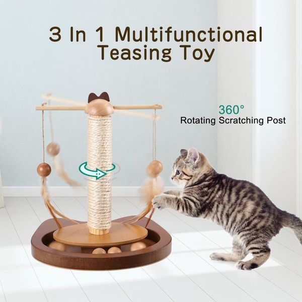 

cat toys 360Â° rotating rod with feather teasing toy multifunctional durable wooden balls scratching sisal post kitten table