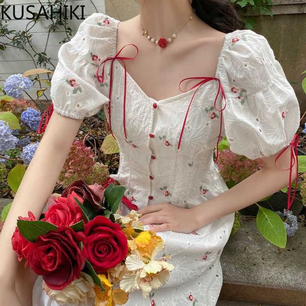 

kusahiki floral embroidery woman dress korean sweet bowknot square collar puff sleeve vestidos single breasted dresses 6h613 210602, Black;gray