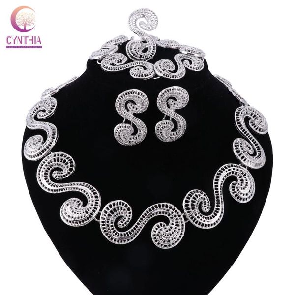 

earrings & necklace fashion women silver color jewelry sets bracelet rings set for african wedding bridal gift accessories