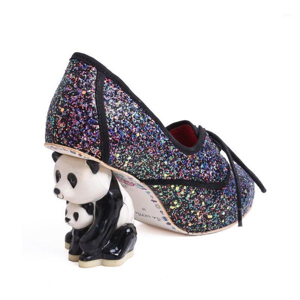 

black sequins women shallow pumps lolita design lace up prom party stilettos panda fashion wedge high heels chaussure femme