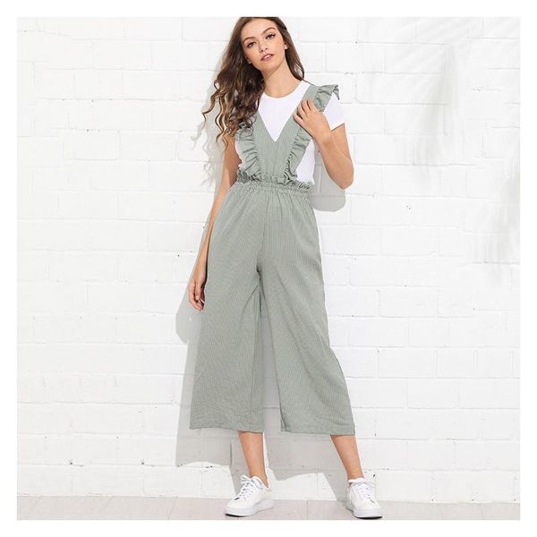 

women's jumpsuits & rompers leisure casual loose ruffle sleeve elastic waist striped printing jumpsuit long pants, Black;white