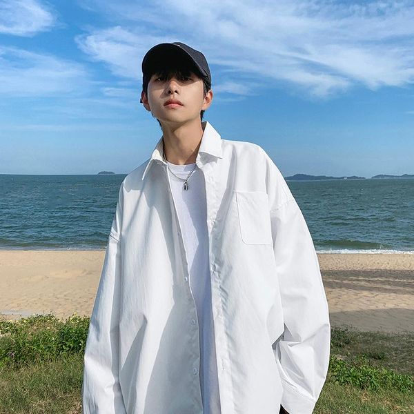 

men's casual shirts wear single breasted label black white cotton autumn korean loose drop shoulder oversize large pocket top, White;black