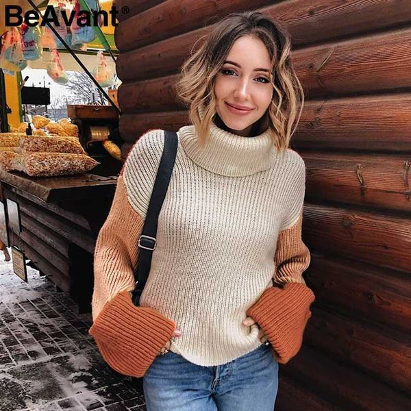 

beavant turtleneck patchwork winter sweaters women casual long sleeve korean pullover knitted jumper streetwear ladies sweaters 210709, White;black