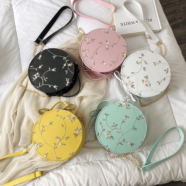 

evening bags sweet lace round handbags 2021 pu leather women crossbody female fashion small fresh flower chain shoulder bag