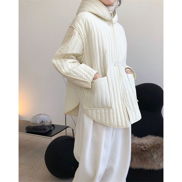 Perfil preguiçoso acolchoado jaqueta de algodão com capuz solta emagrecimento e combinando casaco quente quente mulheres 210923