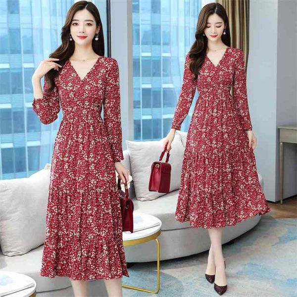 

autumn vintage female boho red floral chiffon midi dress casual 3xl plus size long sleeve elegant women party vestido 210528, Black;gray