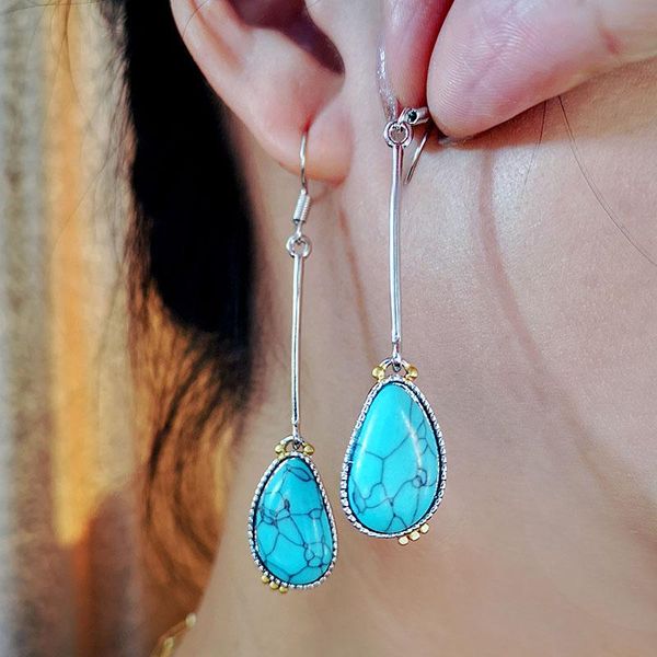 

dangle & chandelier bohemian long teardrop turquoises stone earrings vintage jewelry natural droplet statement for women, Silver