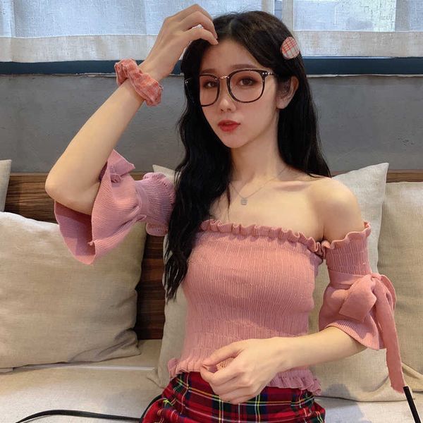 

& tees summer pink slash neck knitted off the shoulder bow bandage tshirts women clothing fashion crop sweet 210610, White
