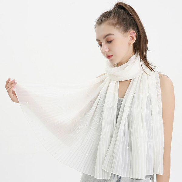 

scarves white scarf shawls chiffon pearl pleated headband nail bead wrinkled solid color black headscarf wrap muslim women fashion, Blue;gray