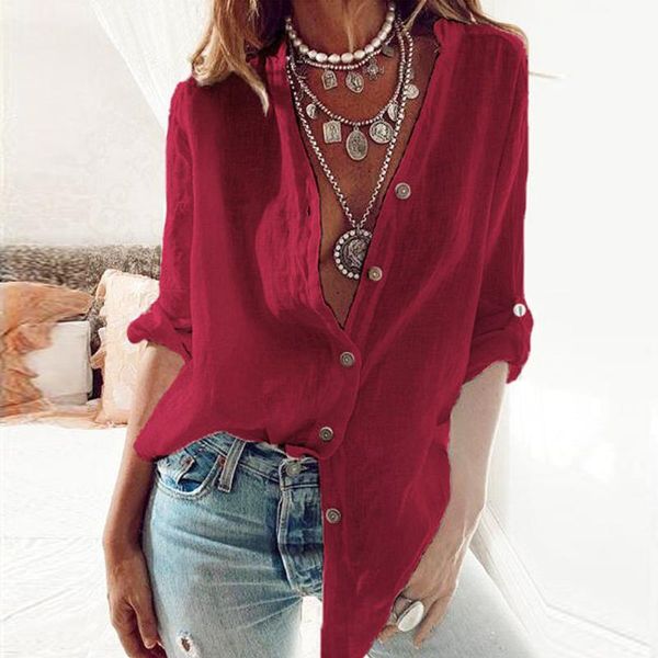 

women's blouses & shirts plus size tunic blouse women solid buttons stand collar long sleeves casual button-up shirt vetement femme 20, White