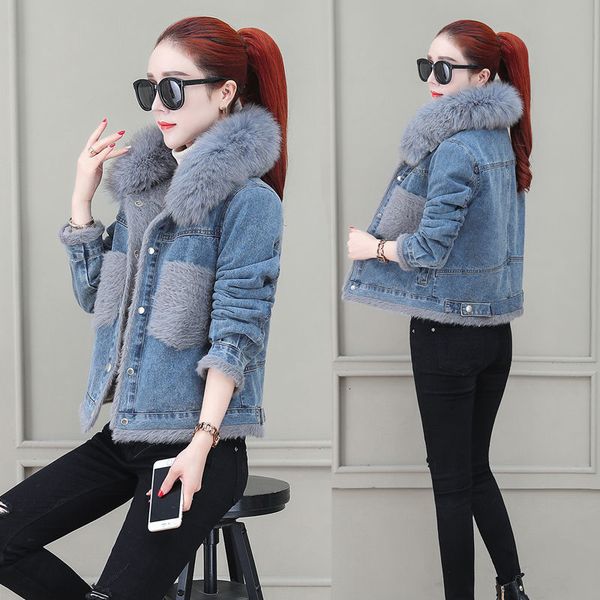

2021 New Winter Denim Big Fur Collar Stitching Jeans Coat Women Plus Veet Thick Cotton Padded Jacket Female Parkas Y580 9QSA, Black