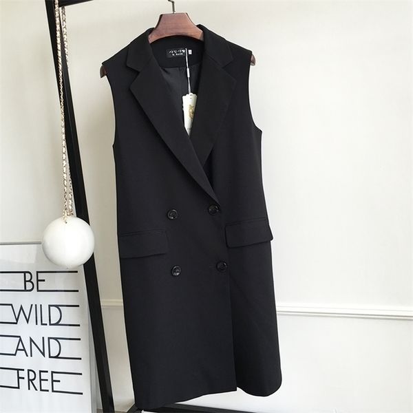 

5xl plus size long vest double-breasted slim women's sleeveless jacket black waistcoat female casual veste femme spring autumn 210204, Black;white
