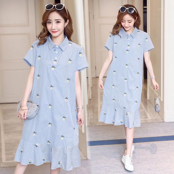 

maternity dresses 9301# clothes summer short sleeve easy matching loose stylish embroidery dress for pregnant women pregnancy clothes1, White