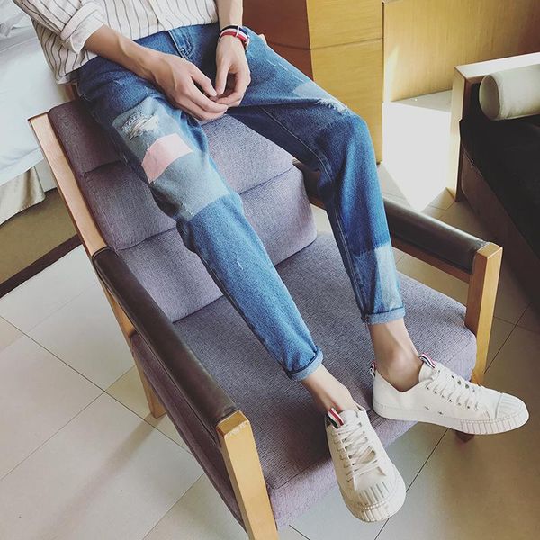 

autumn 2021 trendy brand jeans men's slim korean men's loose feet beggars scratched ripped pants, Blue