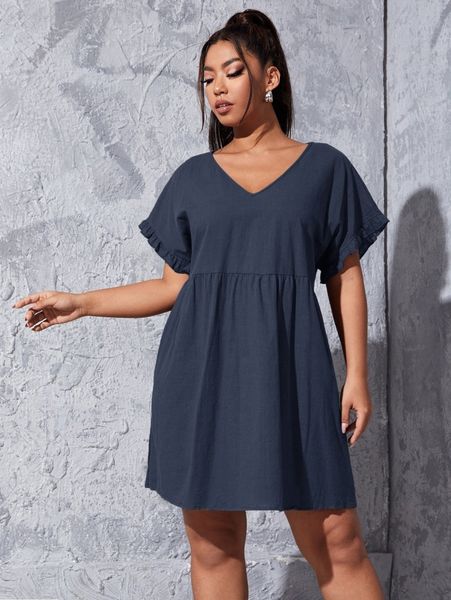 

plus v neck solid frill trim dress i3bw#, Black