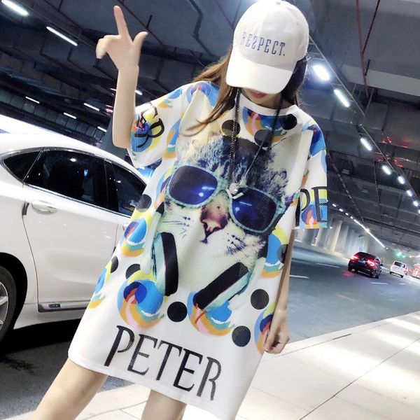 

women's t-shirt large size female summer korean cat print mid-length mesh ice silk round neck casual bottoming shirt trend 2021, White