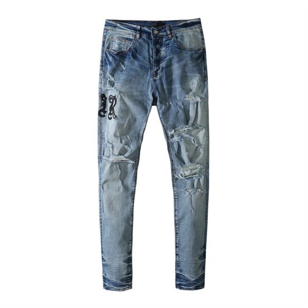 

Mens jeans with hol, used washing water, micro elastic trend, Blue